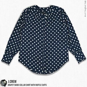 J.CREW DRAPEY RUFFLE CUFF BAND-COLLAR SHIRT IN NAVY WITH WHITE POLKA DOTS SMALL
